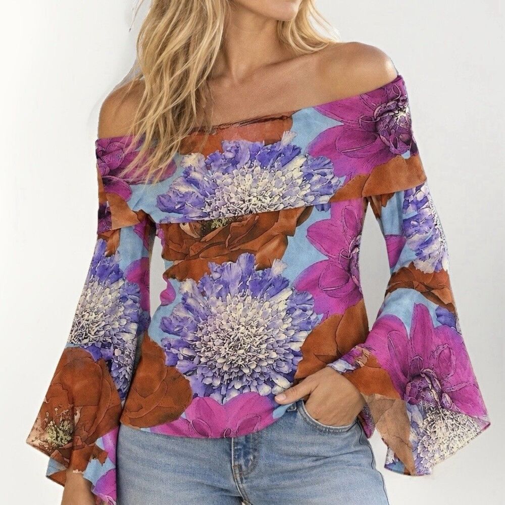 Petit Pois by Viviana G Mesh Off Shoulder Top Floral Bell Sleeve Blouse Lined M